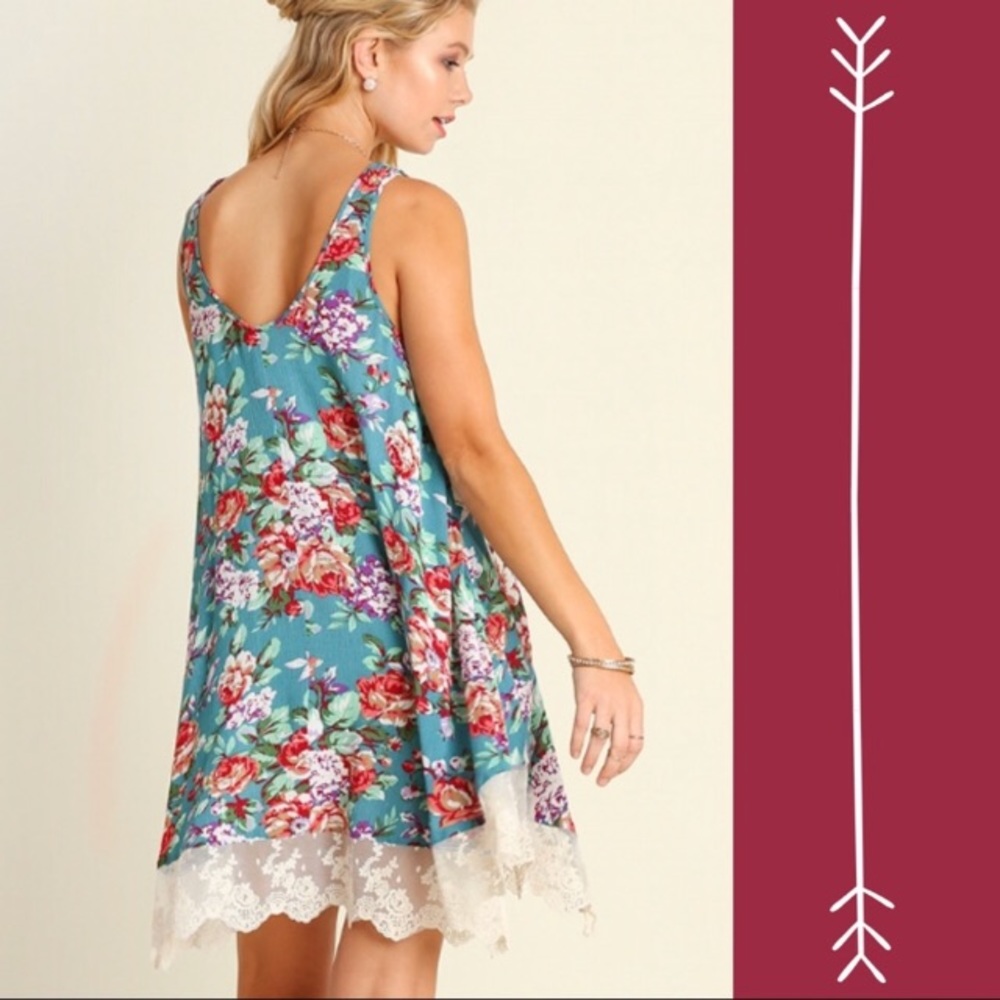Umgee Floral Print Sleeveless Lace Trapeze Dress - Picture 4 of 6